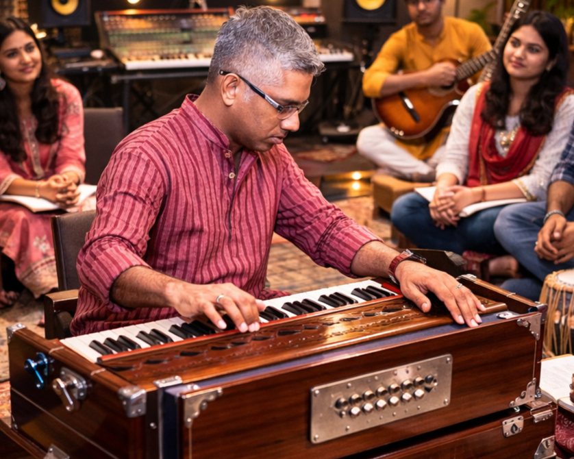 Swaram Studio harmonium teacher demonstrating Indian raga techniques in music studio with students