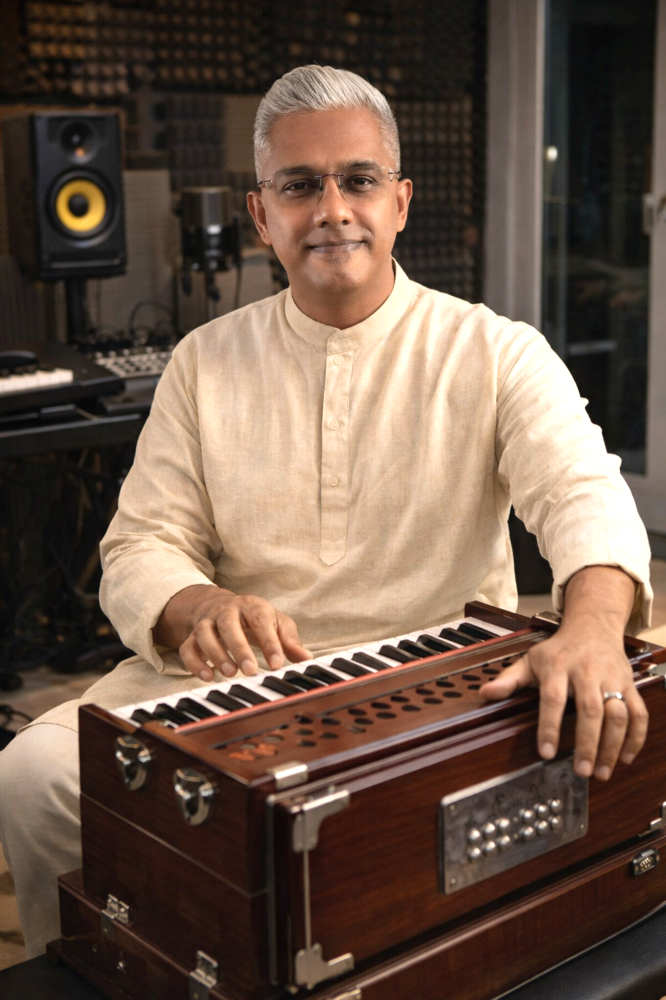 Swaram Studio harmonium teacher demonstrating Indian raga techniques in music studio